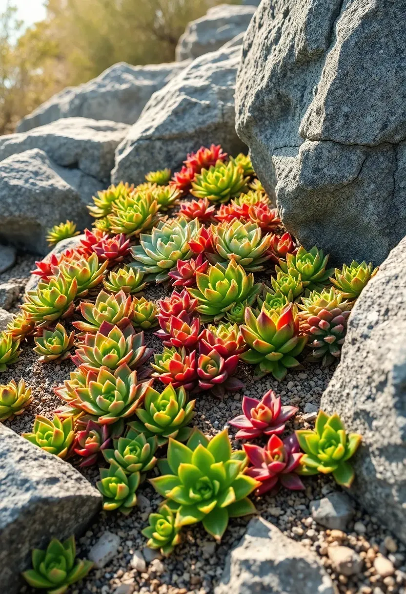 Sloped rock garden densely planted with colorful succulents including echeveria, sedum, and aeonium among large natural boulders