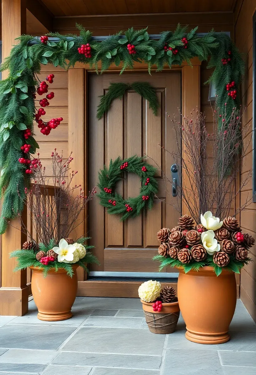 Hyper-realistic 3/4 view of a natural foraged front porch Christmas display. Materials: magnolia leaf swags with red winterberry stems draped over wooden railings, juniper branches framing a wood front door with a pinecone wreath, terracotta planters filled with red dogwood branches, dried cream hydrangeas, and oversized brown pinecones. Cool overcast winter daylight (5500K), natural stone porch flooring, cedar-sided home exterior. Organic woodland mood like Terrain garden shop. Shallow depth of field, sharp details on berry clusters and pinecone textures, natural flowing composition. No text, no logos, no watermarks.</p>