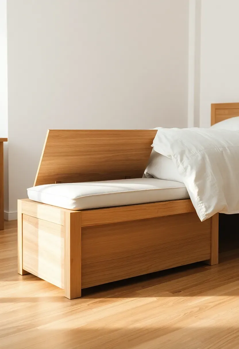 Low storage bench with oak base and linen cushion