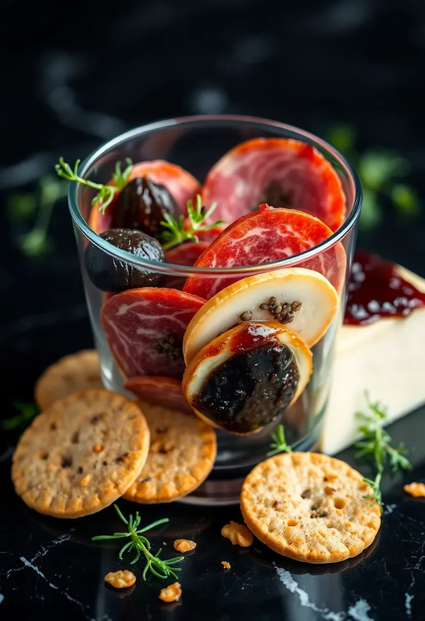 Truffle salami charcuterie cup with truffle cheese and gourmet crackers
