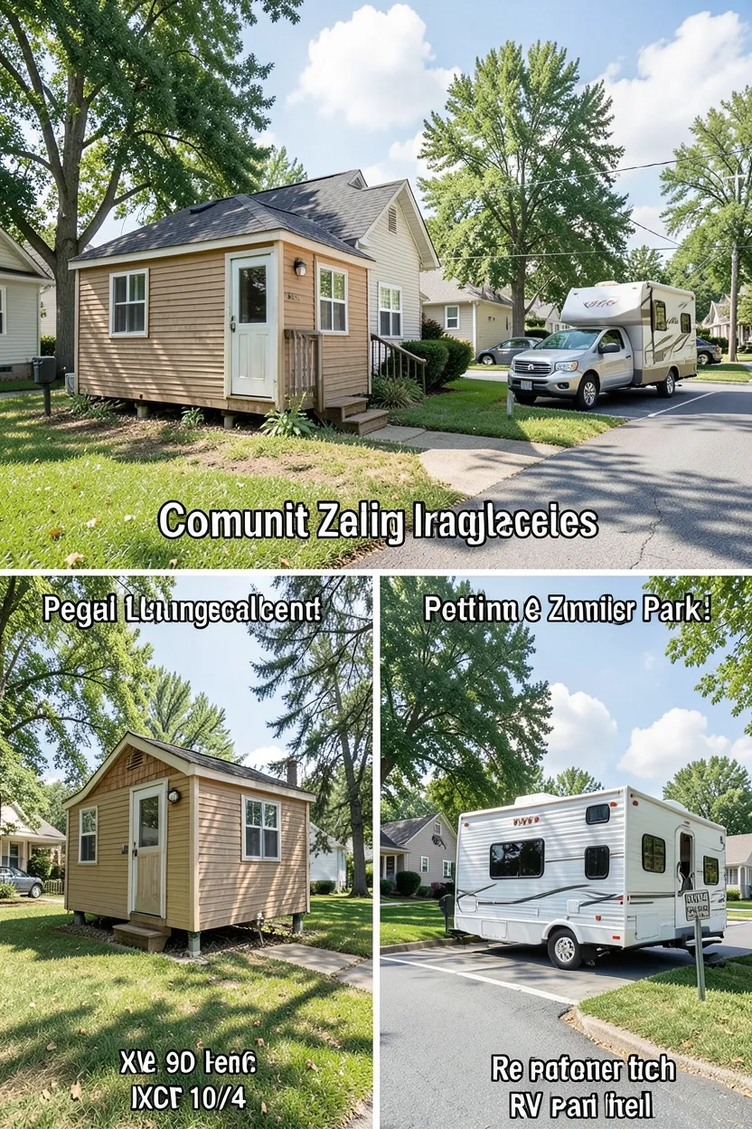 Zoning permit documents and a tiny house on wheels illustrating legal and zoning challenges for alternative housing in the US