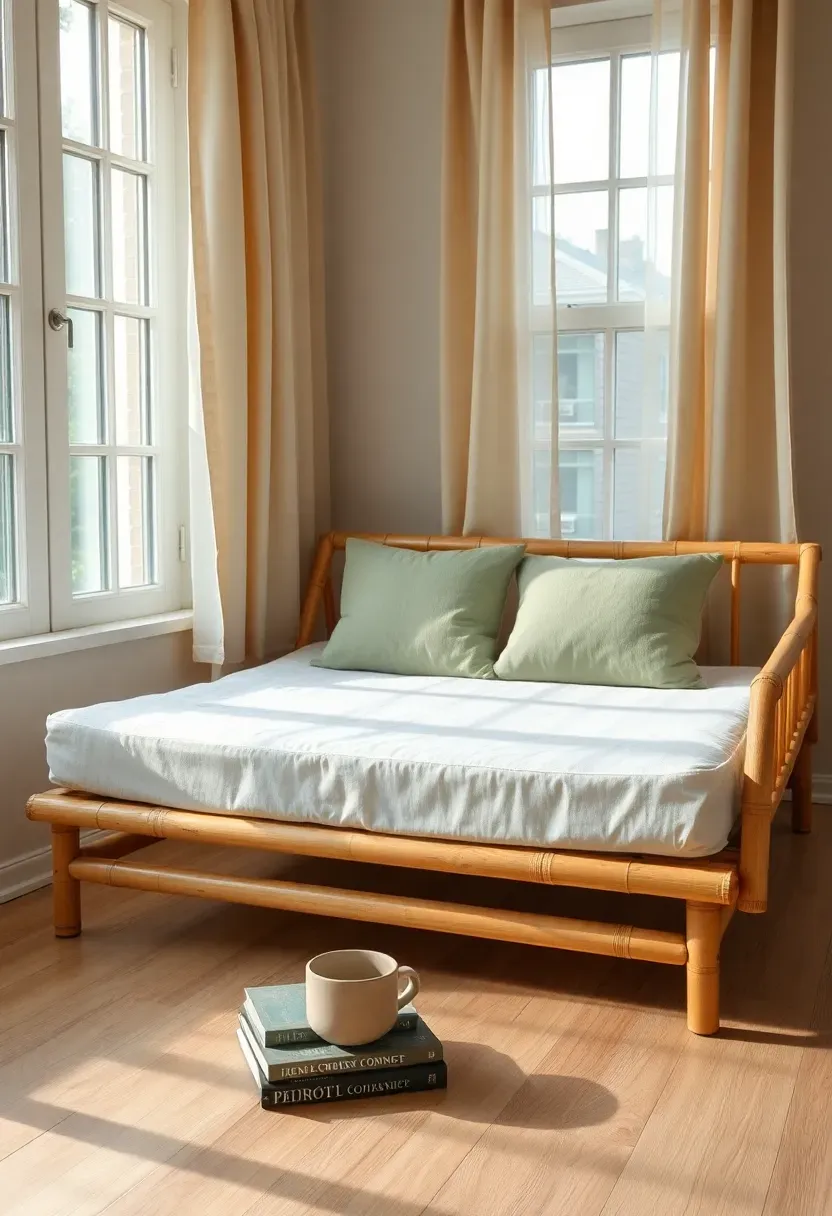 Compact apartment sunroom with a foldable bamboo daybed frame, white linen mattress pad, bolster pillows in sage green, and a small stack of books on the floor beside a ceramic mug