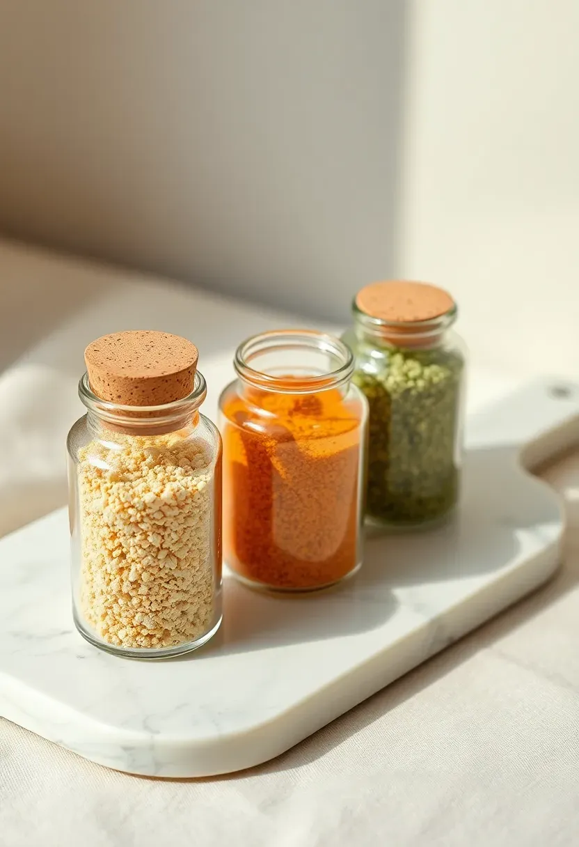 three small glass jars of colorful artisan popcorn seasonings with cork lids on a marble board