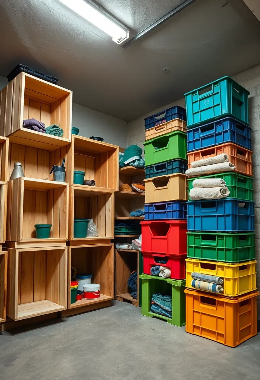 Stacked wooden crates and plastic milk crates forming modular storage cubes along a basement wall with items sorted inside