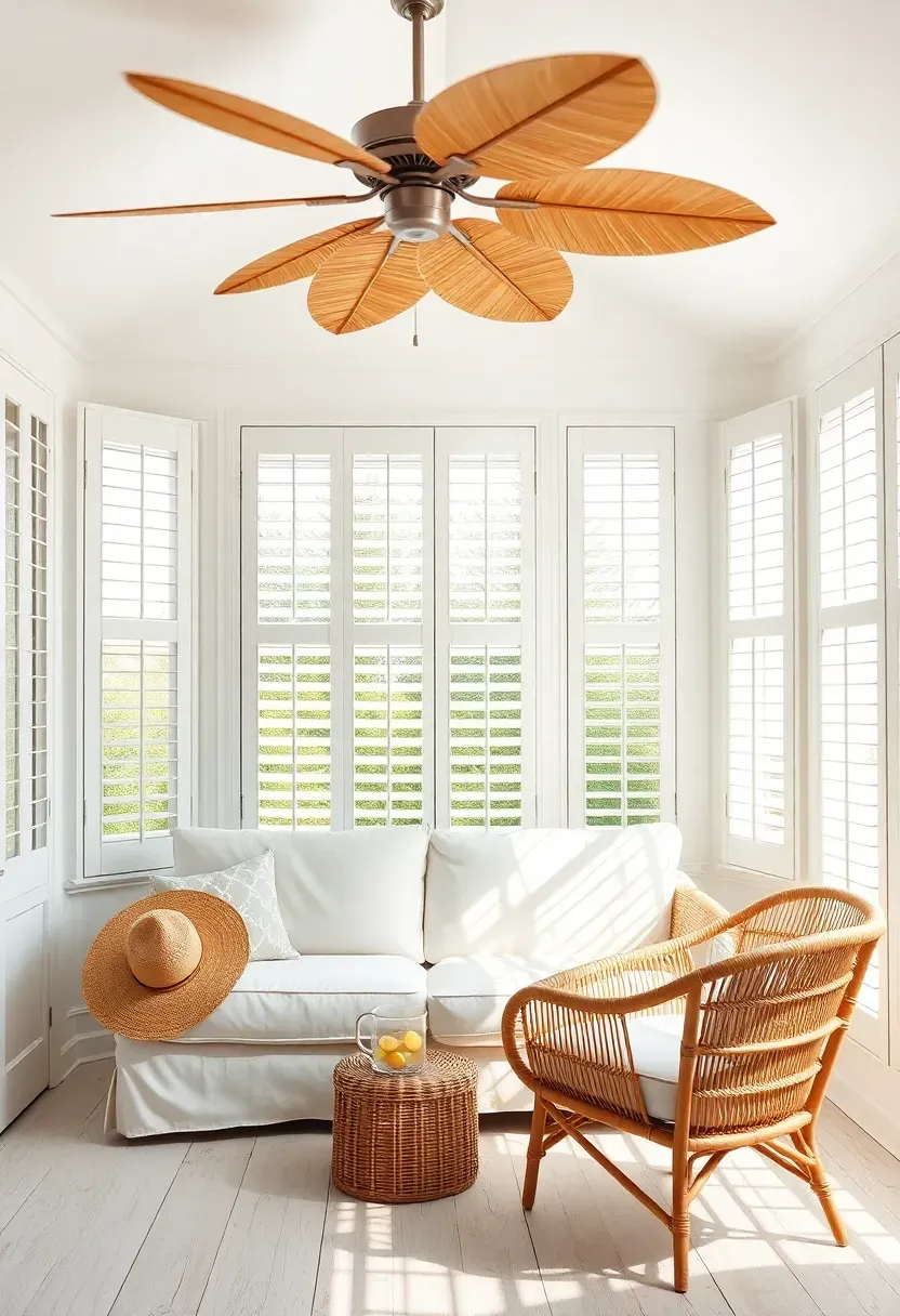 Bright sunroom with white plantation shutters half-open on tall windows, rattan ceiling fan spinning above, and a casual seating area below