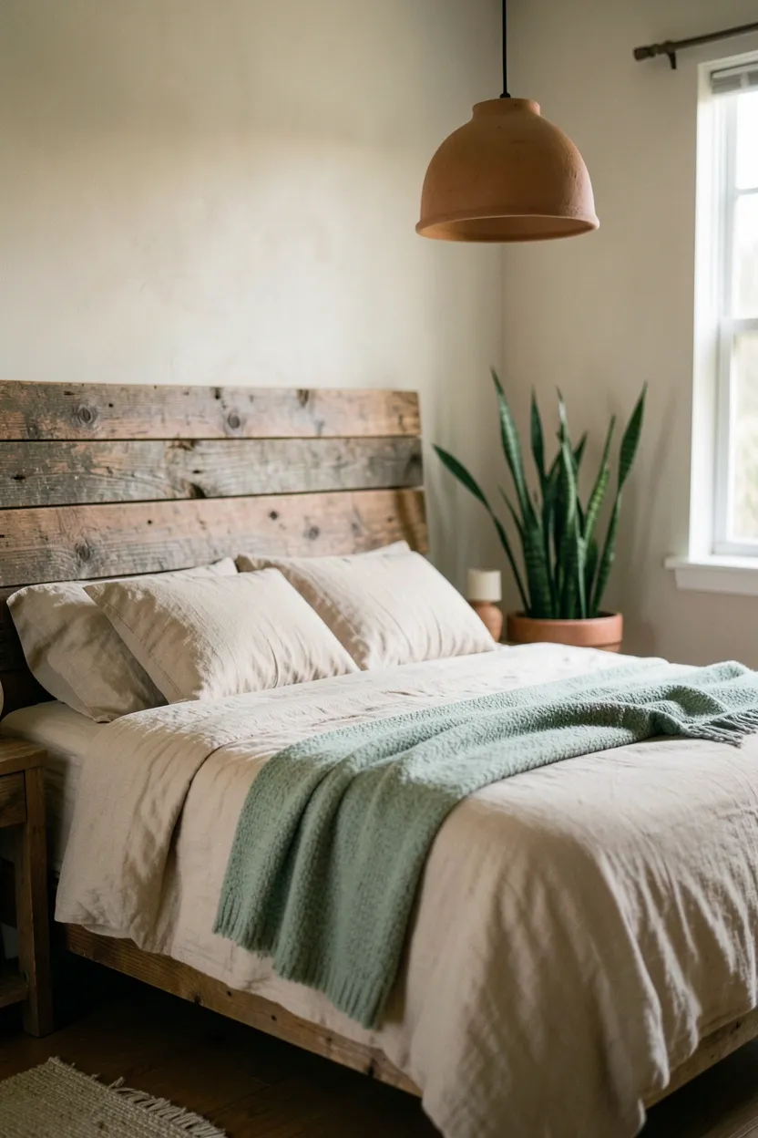 Earthy boho bedroom with raw wood bed frame, woven seagrass baskets, linen bedding in earth tones, and trailing plant on a shelf