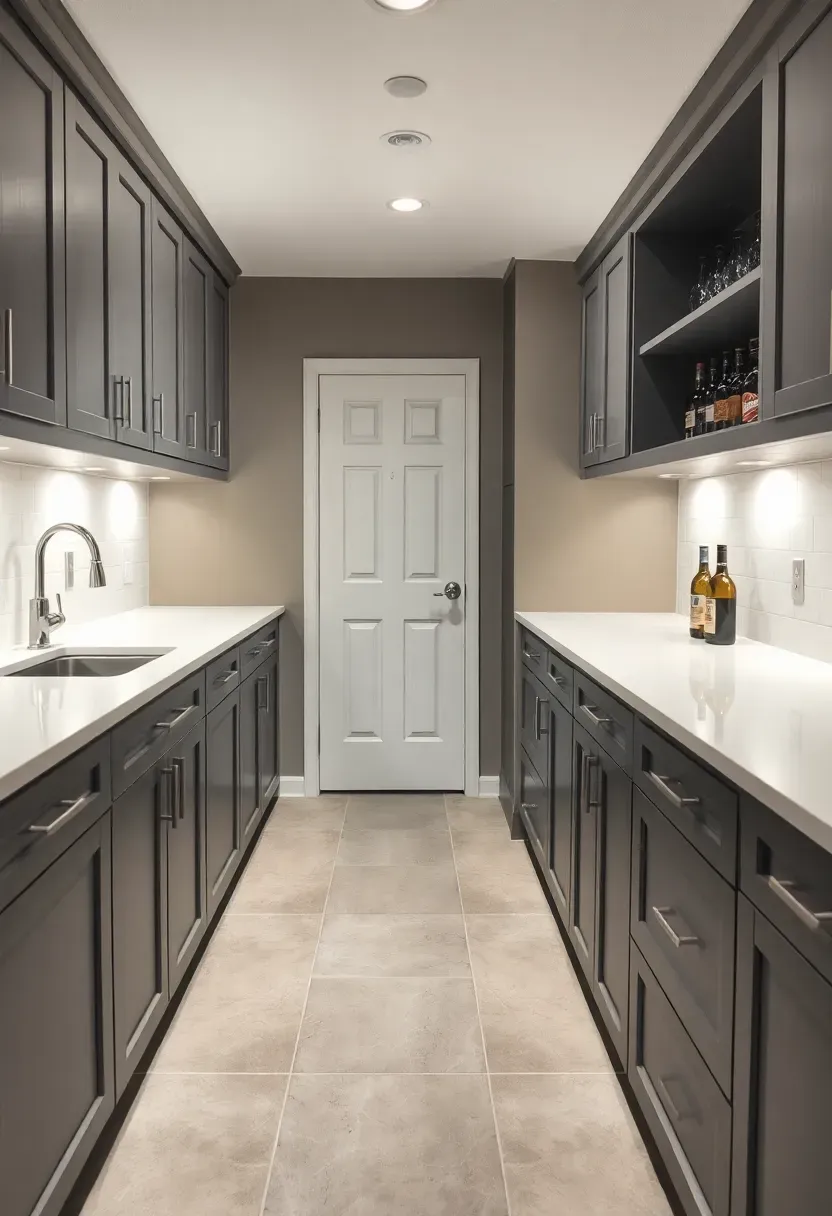 narrow galley style basement wet bar between two walls with counters on both sides and a prep sink on one side