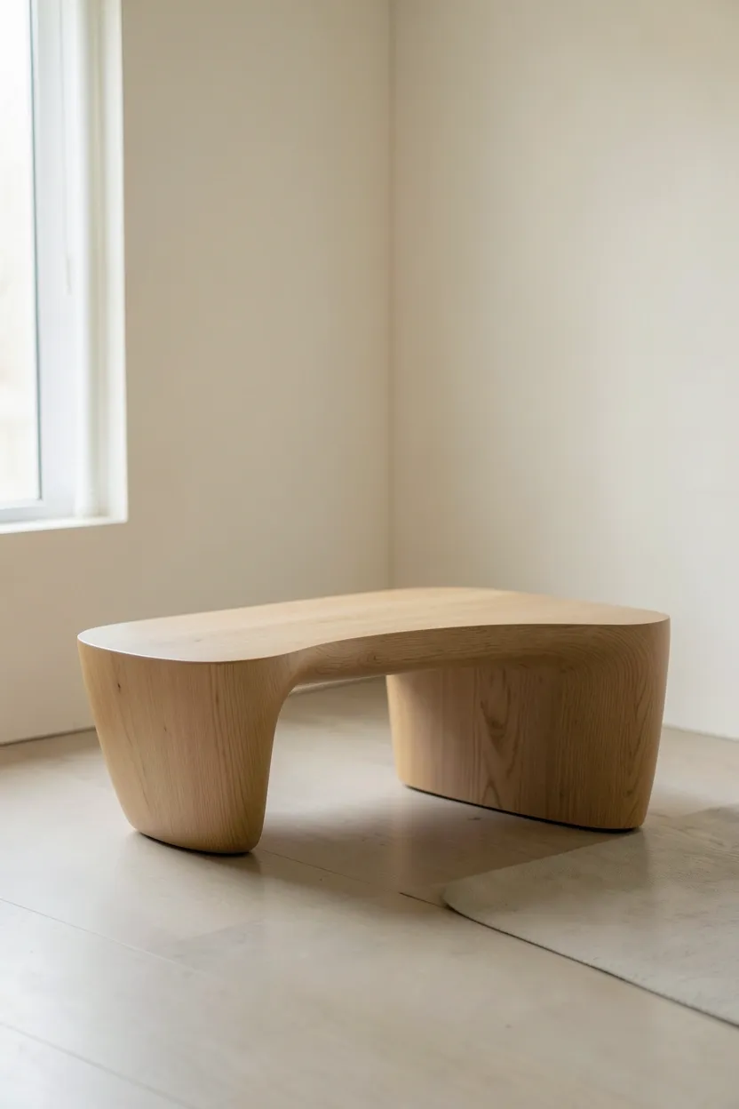 Round organic coffee table with curved natural wood legs in a cream minimalist apartment living room