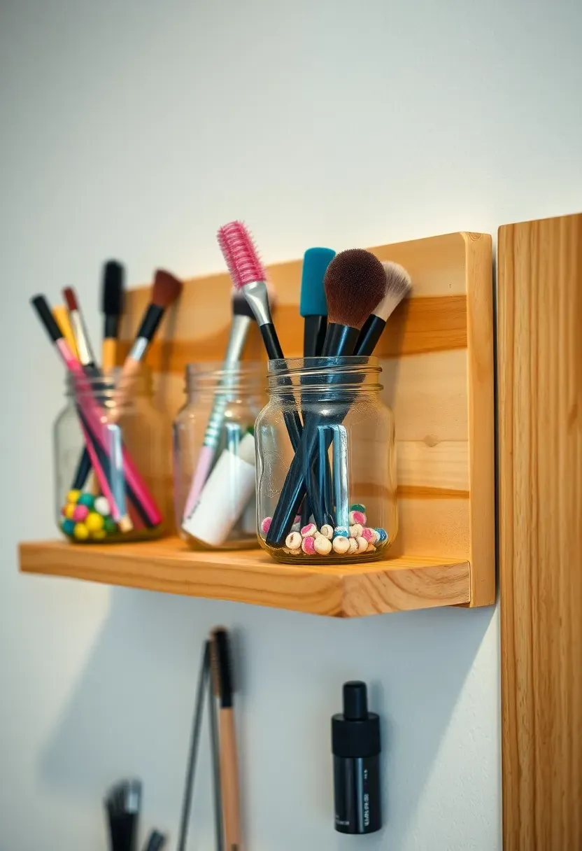 Clear and painted mason jars holding pens, makeup brushes, and craft supplies on a teen desk — vintage-style budget organizers