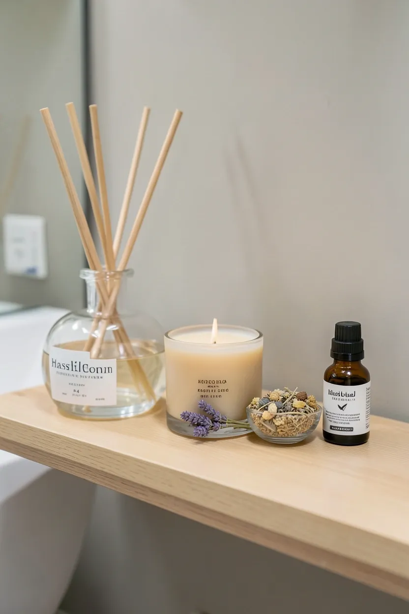 Matching white ceramic hand soap and lotion dispensers arranged on a marble tray on a rental bathroom vanity