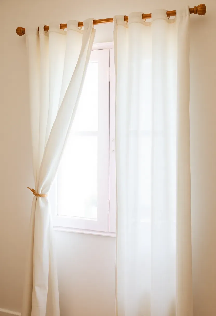 Sheer cream linen curtains tied back with natural wood ties in a bright boho minimalist living room