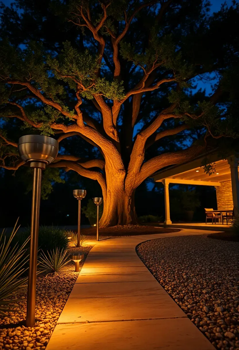 Texas backyard at night with landscape lighting highlighting a stone path, uplighting on live oak trees, and warm glow from a patio area