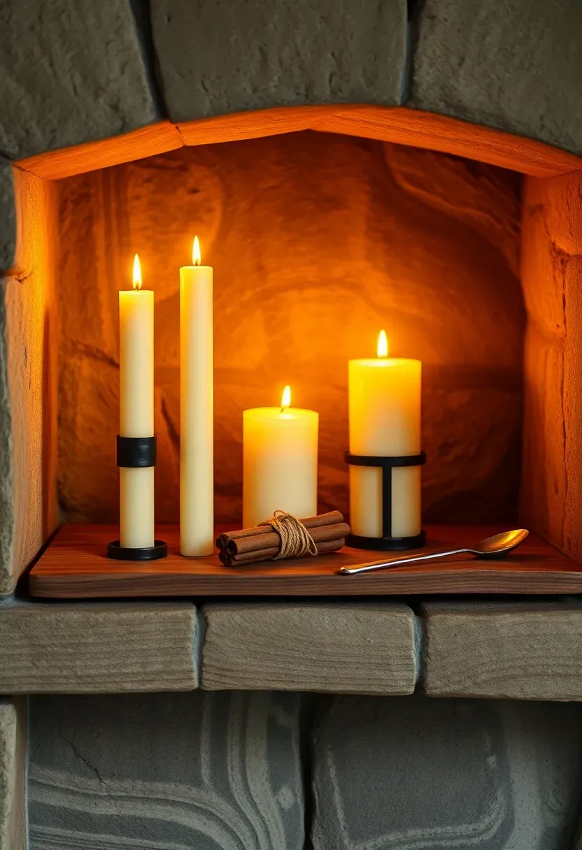 Candlelit mantel shelf in a stone alcove with ivory pillar candles of varying heights, wrought iron taper holder, cinnamon sticks, and a tarnished silver snuffer