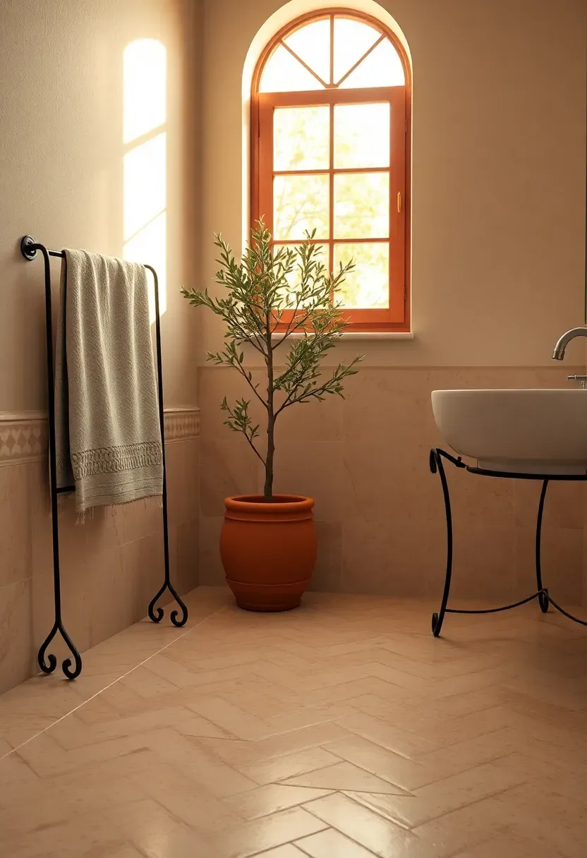 Tumbled travertine floor tiles in warm ivory with filled and honed finish in a Mediterranean-style bathroom
