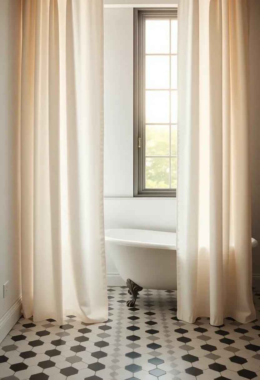 Tall bathroom window with floor-length white cotton drapes pooling slightly on hexagonal tile floor freestanding tub nearby