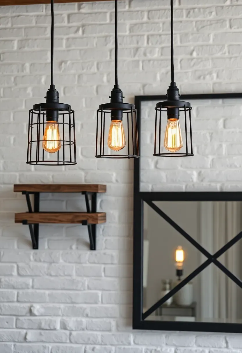 Industrial metal pendant lights, iron brackets, and steel-framed mirror in farmhouse dining room