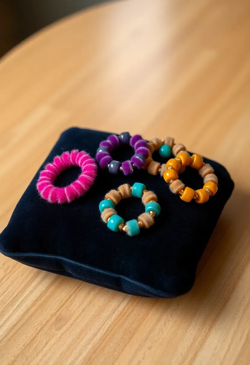 colorful beaded rings made from pipe cleaners arranged on a velvet cushion