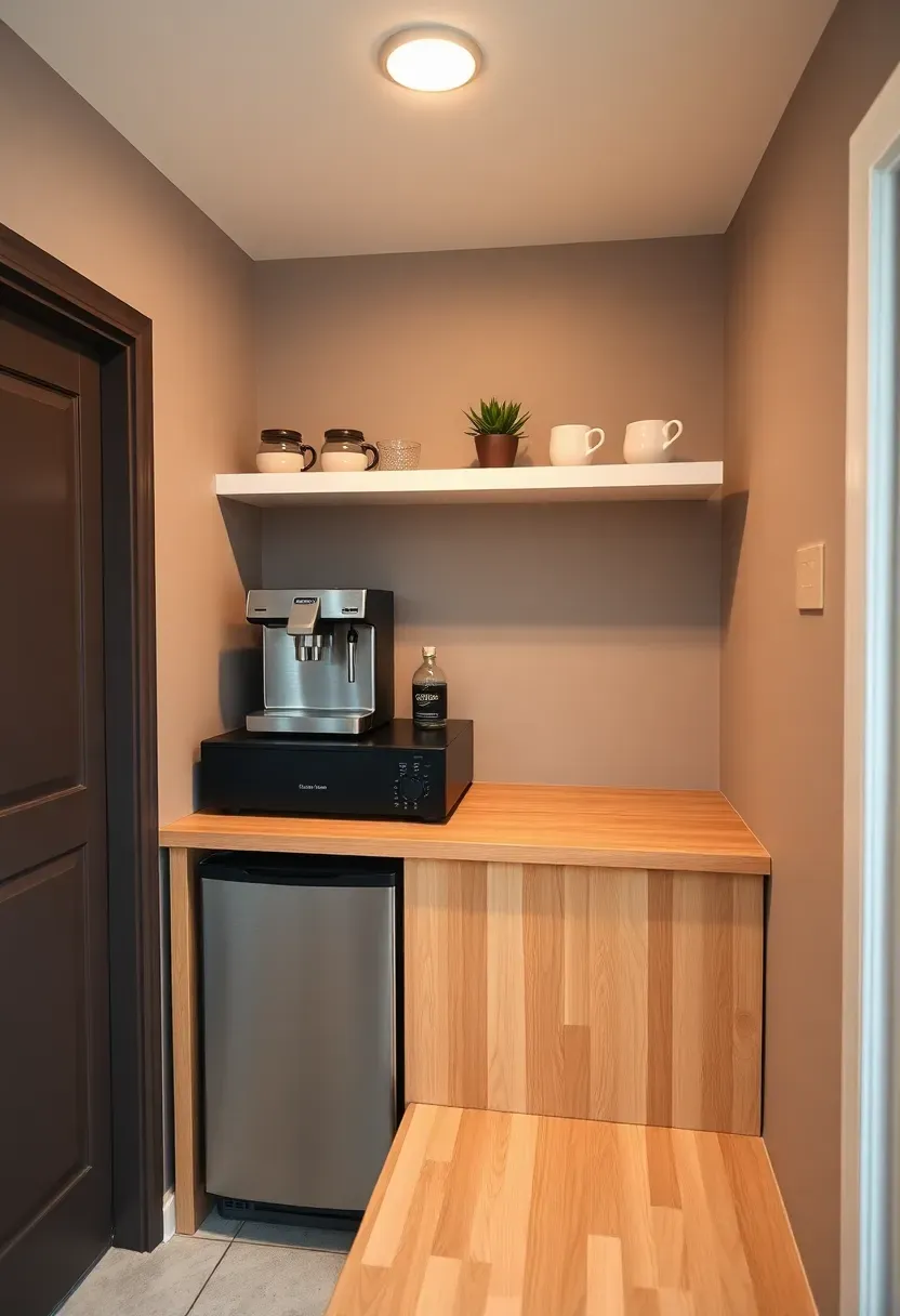 Compact basement beverage station with a coffee machine, mini fridge, floating shelves with mugs and glasses, and a narrow butcher block counter