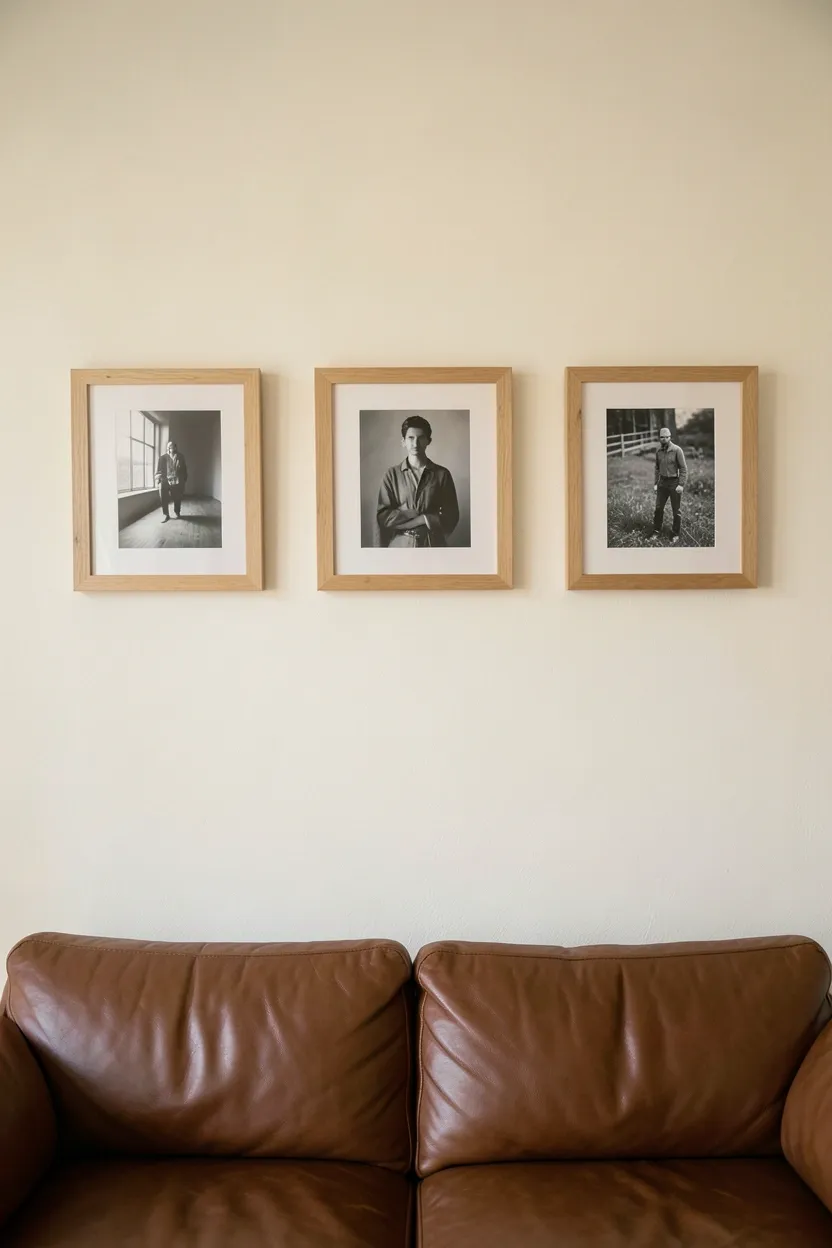 Curated neutral gallery wall with black and white photographs in matching black frames above a brown sofa in a minimalist apartment