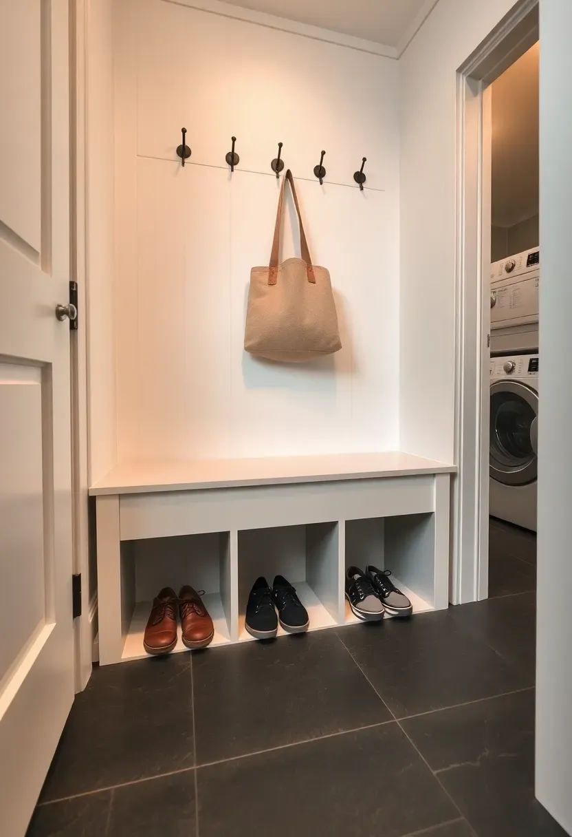 Built-in bench with shoe storage cubbies below in a combined laundry and entry area with stacked machines and hooks on wall
