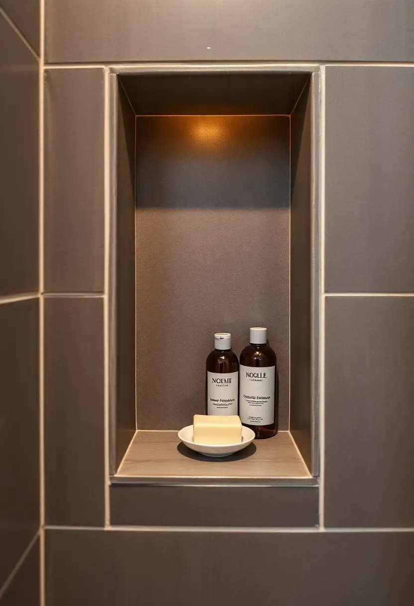 Tiled shower niche built into the wall of a basement bathroom holding shampoo bottles and soap