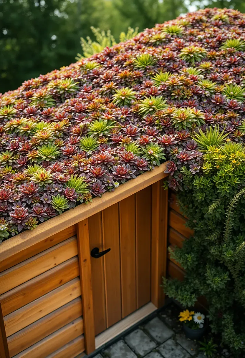A living green roof shed covered in low-growing sedum plants with purple and green foliage, wildflowers along the edges, and a wooden door