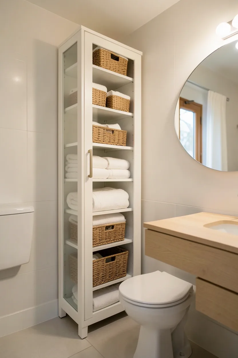 Narrow white linen cabinet with glass-front upper doors beside toilet in a small rental bathroom, storing folded towels and toiletries vertically