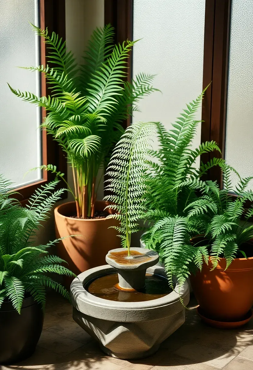 Lush fern collection in a sunroom humidity corner near a small tabletop fountain with misted air and bright filtered light through frosted glass