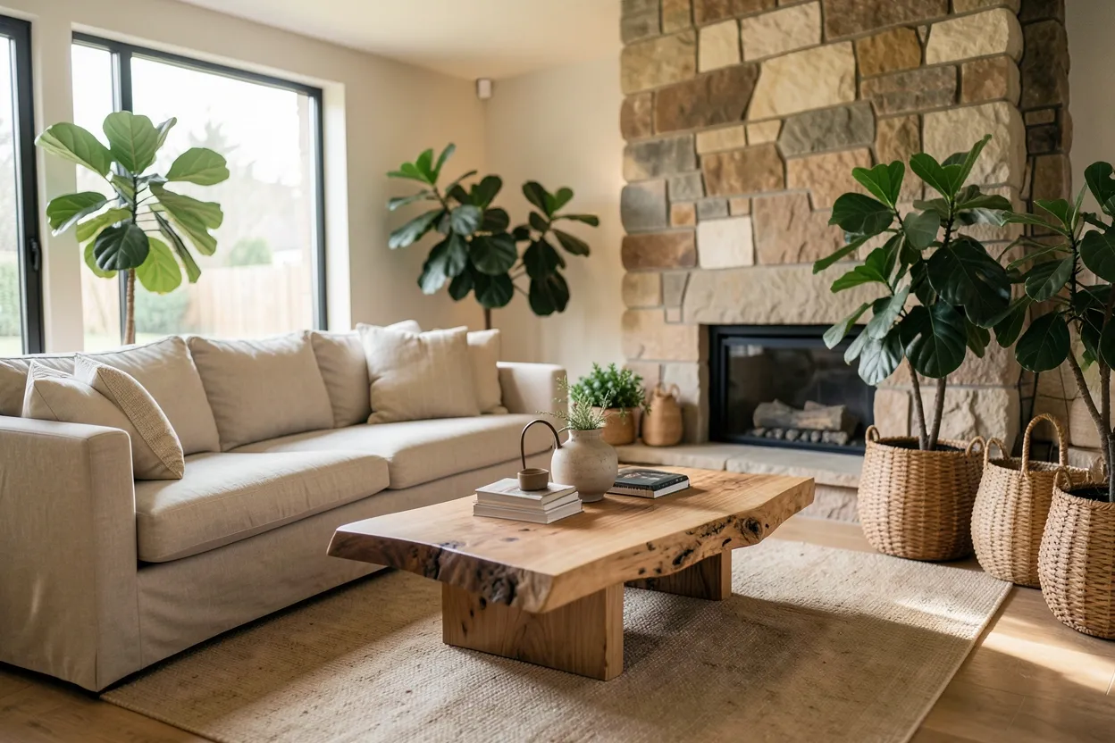 Cozy organic modern living room with warm wood coffee table, linen sofa, and woven pendant light in a bright apartment