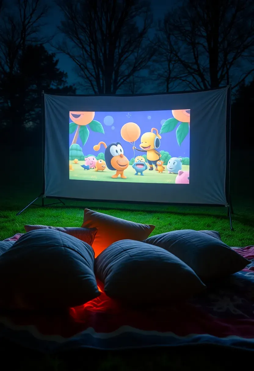 A portable outdoor projector screen set up in a backyard at night with a movie playing, blankets and pillows arranged on the grass in front