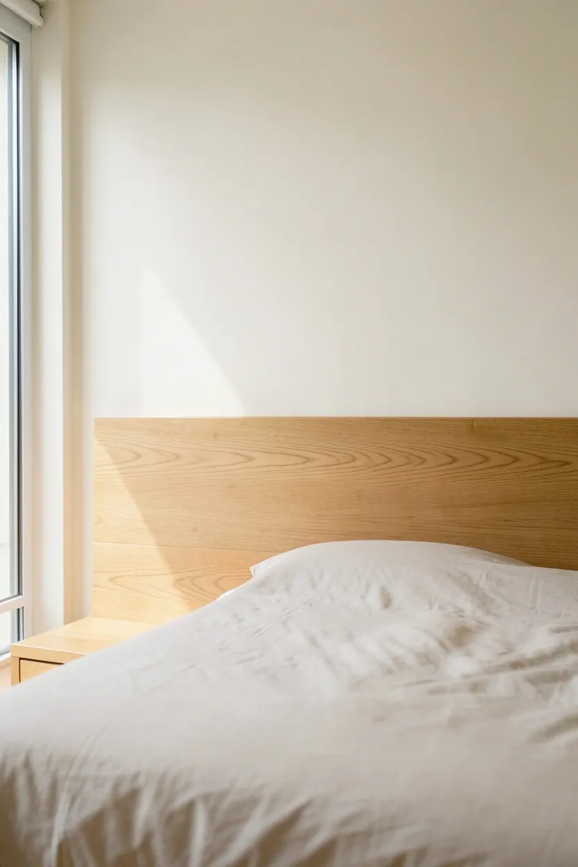 Light teak floating shelves and bamboo panel wall accent in a neutral tropical Japandi bedroom