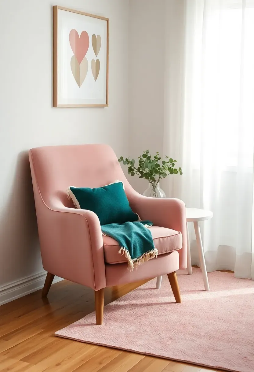 Hyper-realistic wide shot of a bedroom corner featuring a blush pink velvet armchair with wooden legs, emerald green throw pillow with white trim, small white side table with fresh eucalyptus in glass vase, pink area rug with subtle pattern, framed wall art above chair with abstract heart shapes in pink and green, white walls with gray bedding partially visible on bed in background. Sheer curtains at window with soft natural daylight filtering through, hardwood floors. Materials: velvet, eucalyptus, glass, wood. Soft natural window light creating peaceful atmosphere, gentle shadows. Dreamy romantic mood. Shallow depth of field focusing on chair vignette while showing full bedroom corner context including window. No text, no logos, no watermarks.</p>