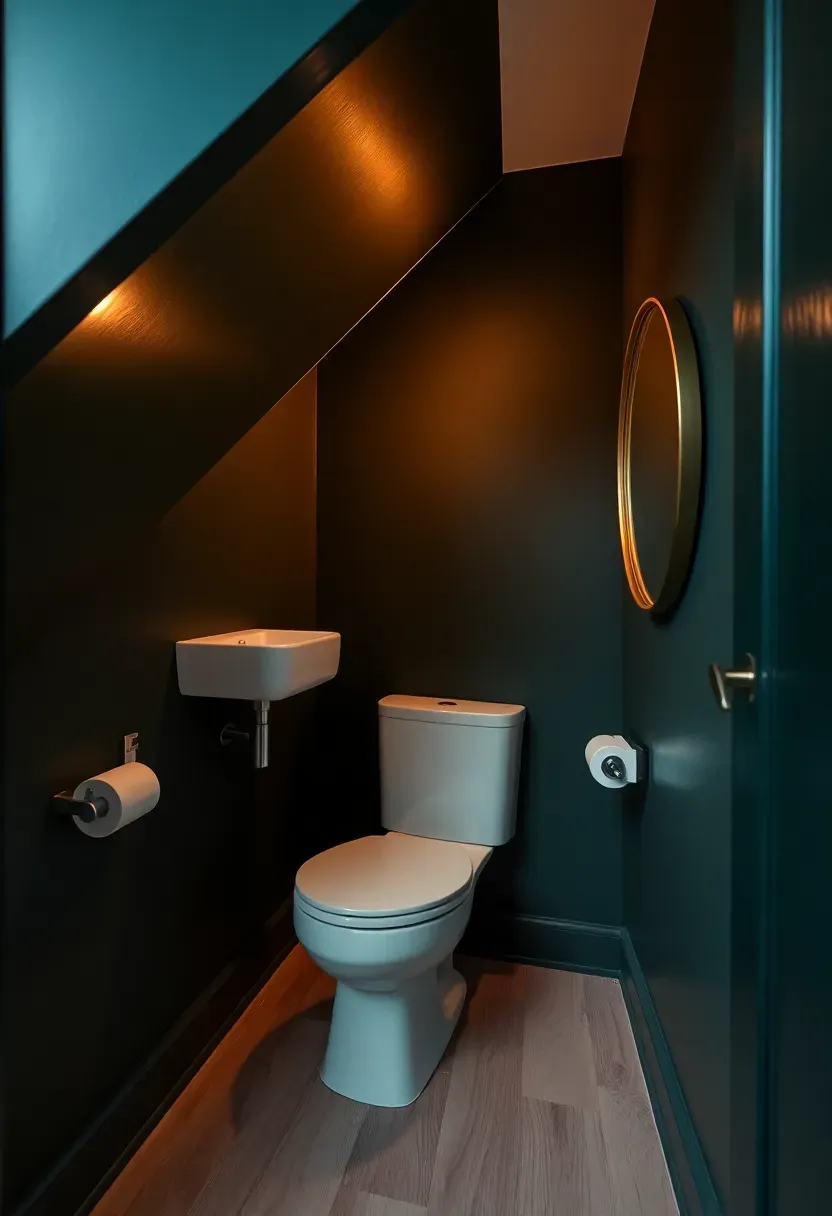 Clever powder room tucked underneath a staircase with angled ceiling and compact fixtures
