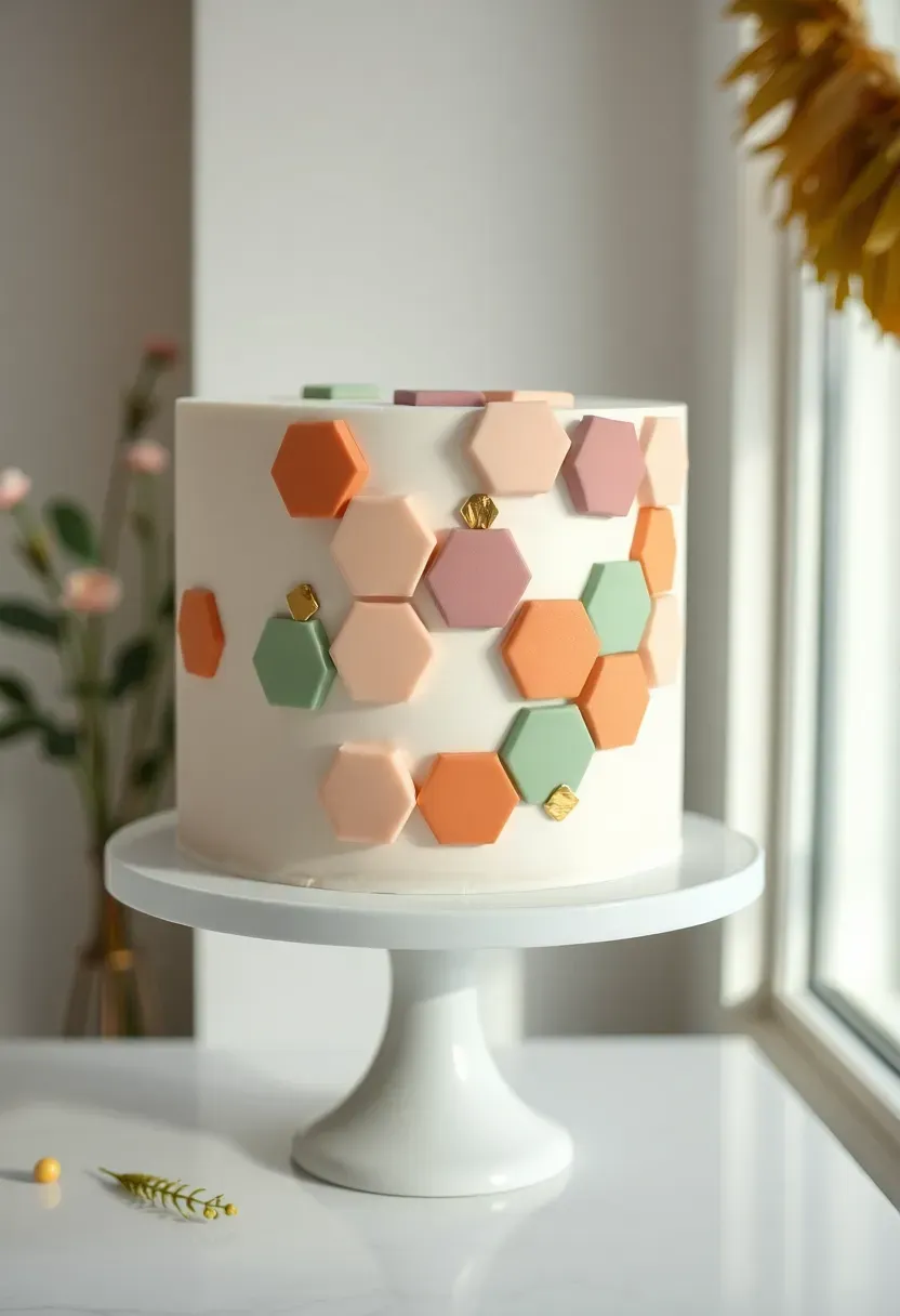 modern baby shower cake decorated with geometric pastel hexagon fondant tiles in pink mint and peach on a clean white background