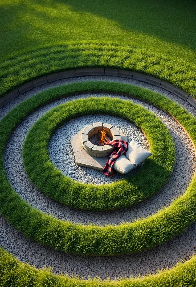 A sunken circular firepit surrounded by curved grass-covered steps descending from a manicured lawn