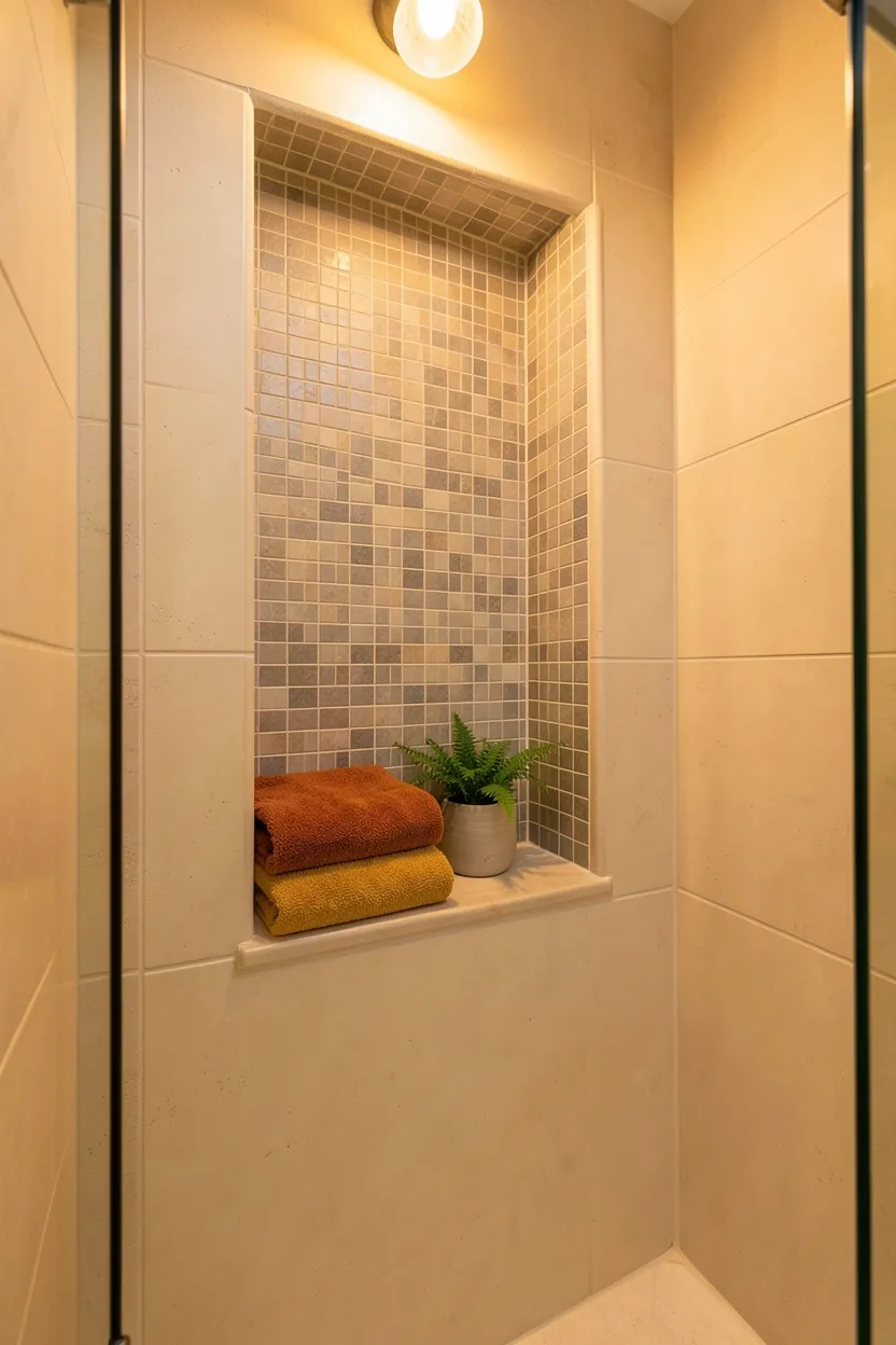 Hyper-realistic 3/4 view of shower area with built-in niche. Built-in shower niche features warm gray mosaic tiles with subtle honey undertones. Niche contains neatly folded towels in burnt orange and mustard yellow. Small waterproof ceramic vessel holds small fern plant. Surrounding shower walls in warm cream large format tiles. Warm-toned amber glass enclosure visible. Warm ambient lighting from overhead fixture. Clean surfaces. No text, no logos, no watermarks.</p>