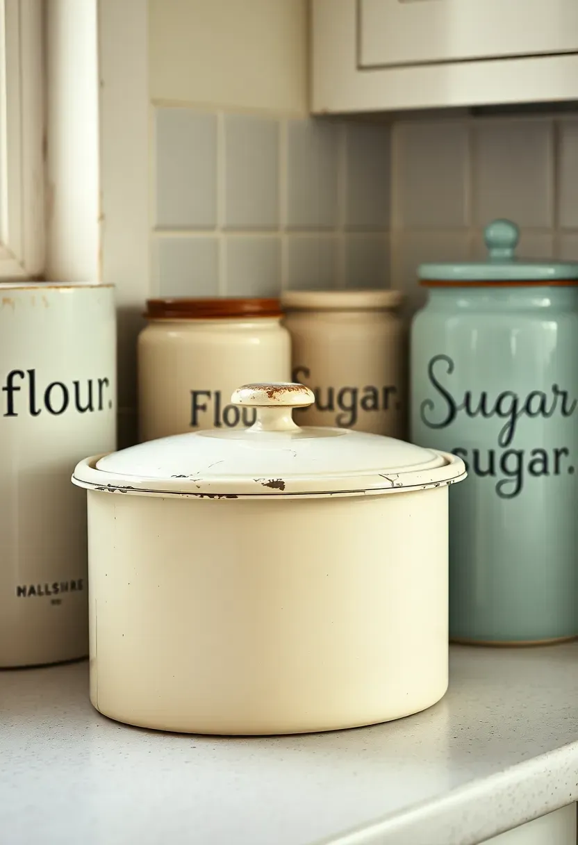 Cream enamelware canister set labeled Flour Sugar Tea alongside a vintage metal roll-top bread box on a butcher block counter in a shabby chic cottage kitchen