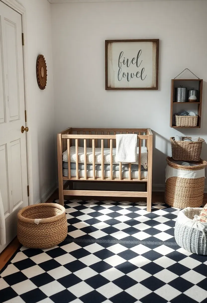 Farmhouse nursery corner in bedroom with milk-painted bassinet in cream, black and white checkerboard rug, and galvanized metal diaper storage