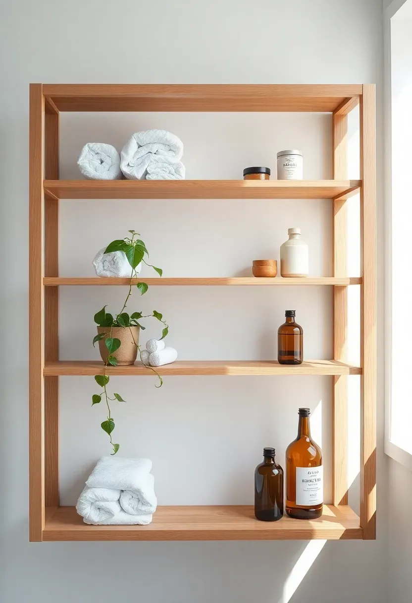 Open wooden étagère with five shelves holding rolled towels, plants, and ceramic jars in a bright bathroom