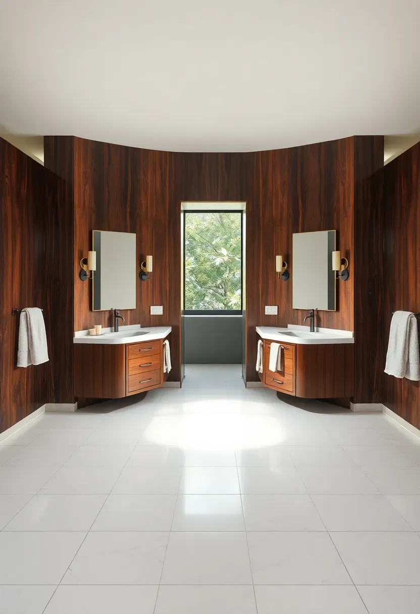 Wide bathroom with two vanities facing each other across an open central walkway