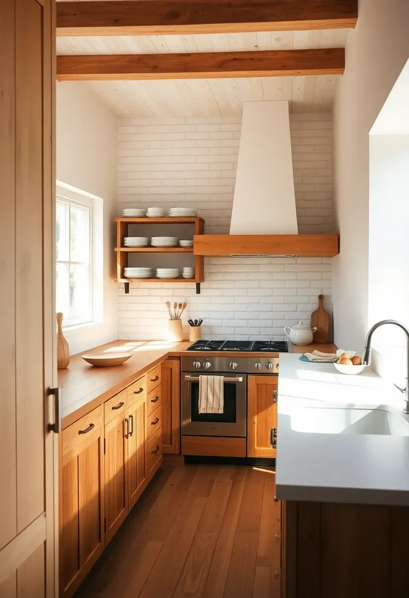 Hyper-realistic 3/4 view of a rustic kitchen with creamy white walls. Reclaimed wood cabinets extending along one wall, warm oak island with butcher block top. Natural wood open shelving on adjacent wall holding white dishes. Creamy white painted brick visible above range hood. Warm natural light from windows, soft shadows casting across surfaces. Materials: creamy white paint, natural oak, white ceramic, brick, reclaimed wood. Warm inviting minimalist rustic mood. Visible kitchen context - flooring, ceiling, all walls in creamy white with wood accents creating monochromatic warmth. Small water spot near sink showing use. No text, no logos, no watermarks. Negative prompt: 