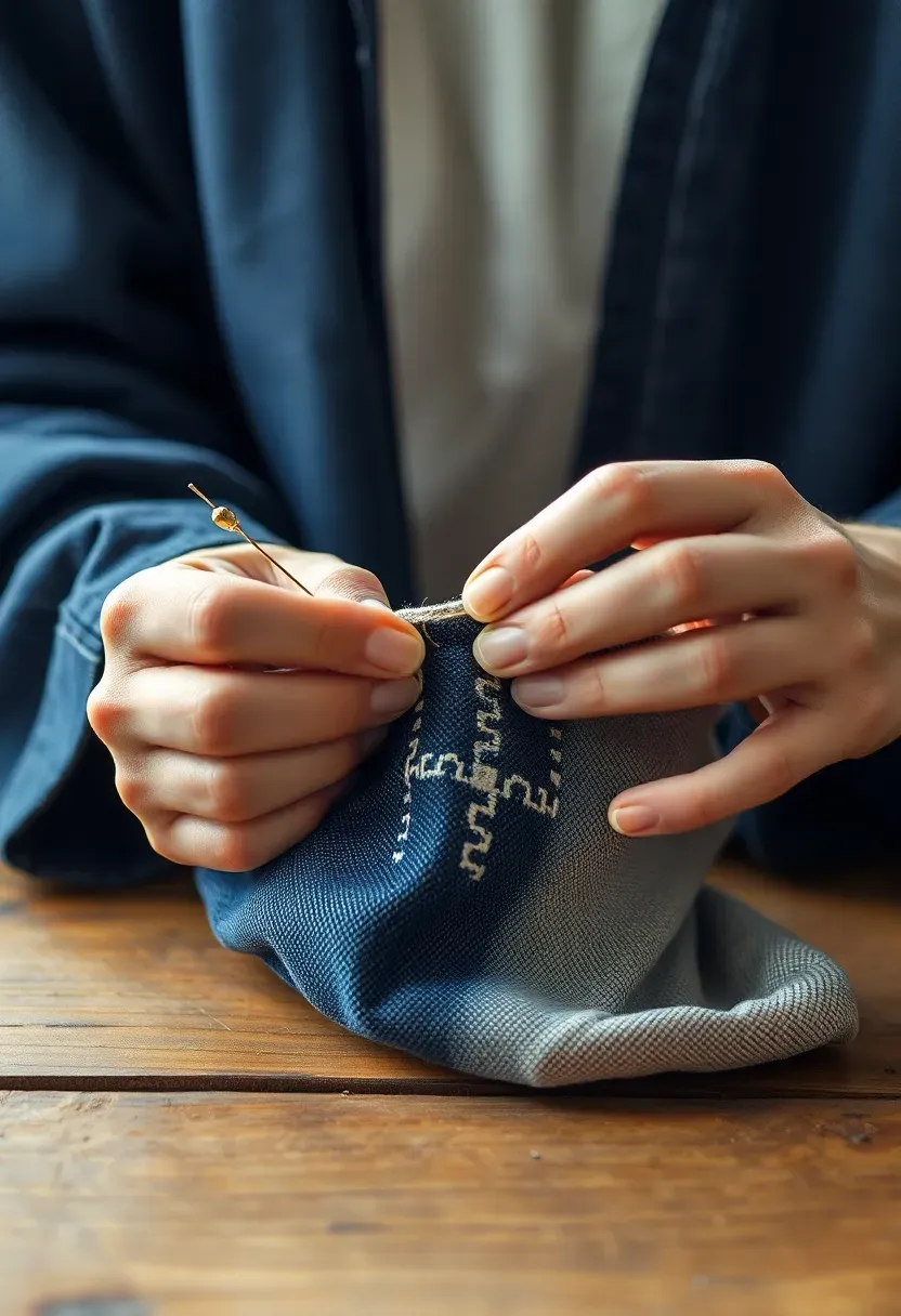 Hyper-realistic 3/4 view of a mottainai-inspired repair scene: person's hands carefully mending a well-woven fabric bag using traditional sashiko embroidery technique, needle visible with thread, visible repair pattern. Materials: indigo-dyed fabric with visible wear, white sashiko thread creating geometric repair pattern, aged fabric with character, brass thimble. Natural window light from above creating focused task illumination and emphasizing the intentional repair work. Simple wooden surface beneath, no other objects visible. Shallow depth of field focusing on needle-fabric contact. No text, no logos, no watermarks.</p>