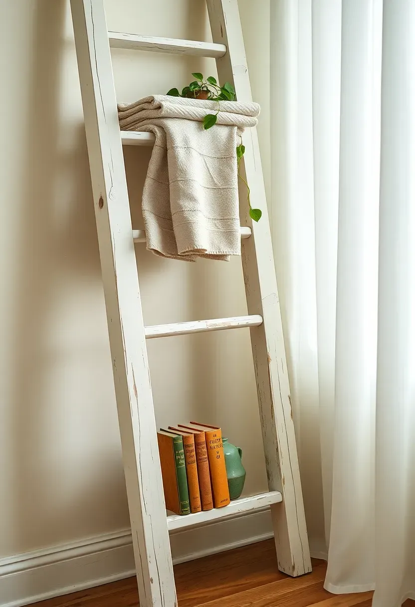 Distressed white wooden ladder shelf leaning against a pale wall displaying folded linen towels, small plants, and vintage books