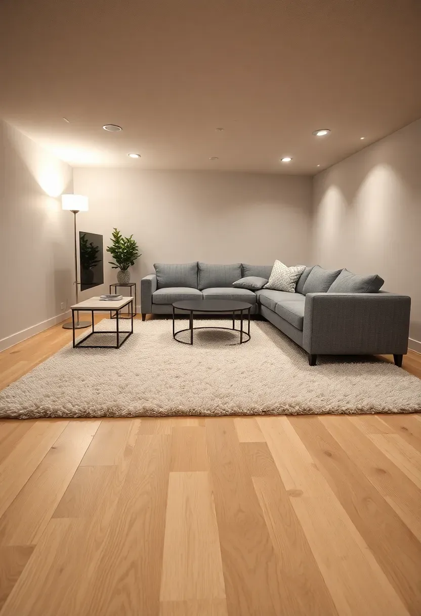 basement with vinyl plank flooring in the main area and a large plush area rug defining the seating zone