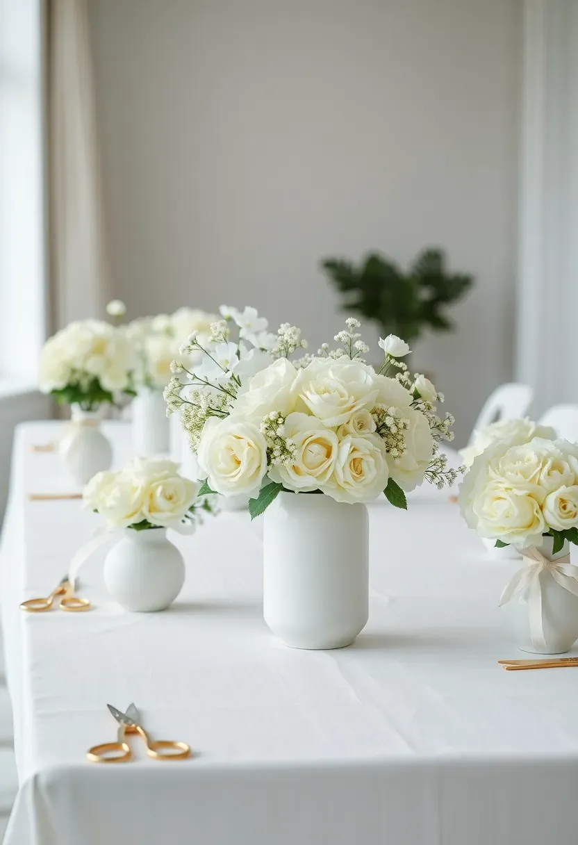 All-white wedding flower bar with white roses, hydrangeas, and peonies in white ceramic vases on a draped table