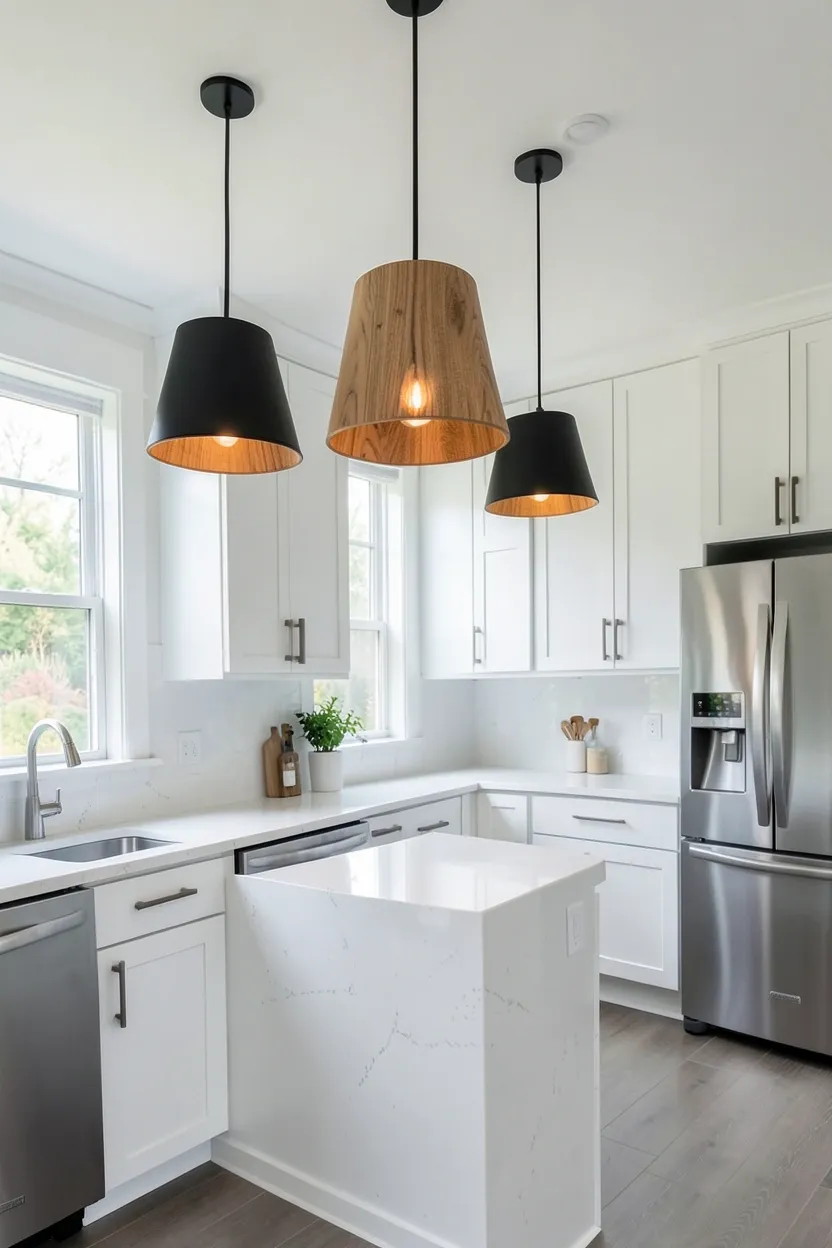 Black metal pendant lights with warm oak wood shades over a kitchen island — modern and cozy lighting combination