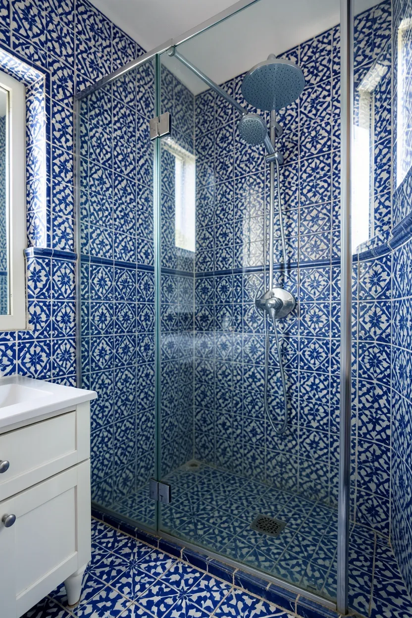 Hyper-realistic eye-level photograph of a Moroccan-style bathroom shower showing geometric tile walls in cobalt blue and white with complex arabesque patterns, glass shower door, chrome shower head, white vanity visible outside. Natural light. Materials: blue and white ceramic shower tiles, tempered glass, chrome fixtures, white wood. Dramatic Moroccan shower design. Complex geometric patterns. No text, no logos, no watermarks.</p>