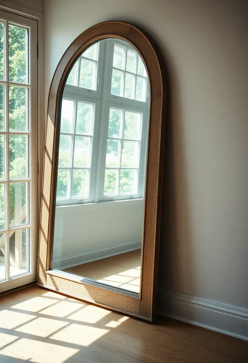 Large vintage arched mirror leaning against a sunroom wall reflecting garden views and doubling the natural light in the space