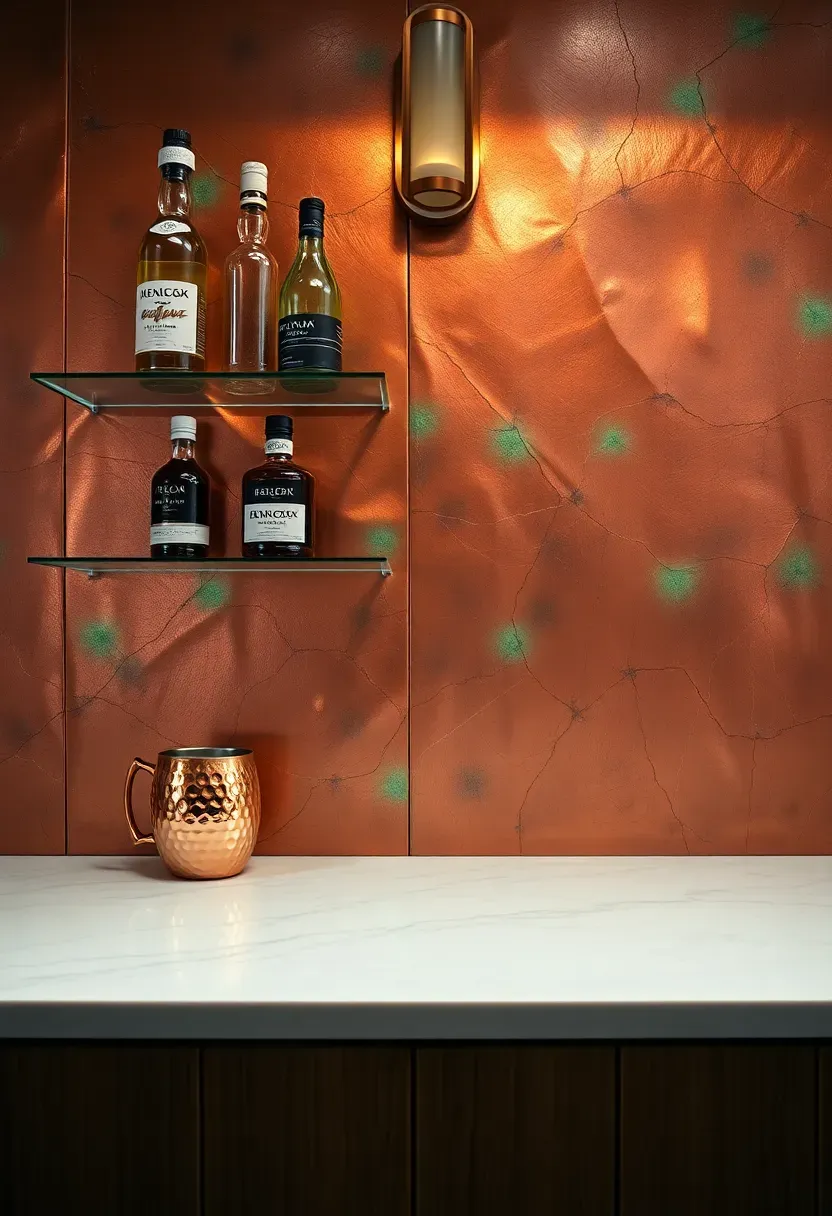 copper sheet backsplash behind a wet bar developing green patina with glass shelves and bottles