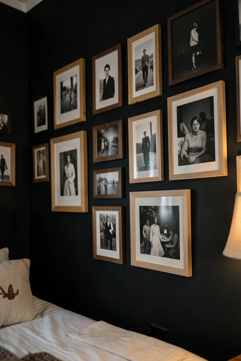 Boho bedroom with dark Moroccan-patterned tile accent wall behind bed, creating a textured headboard alternative